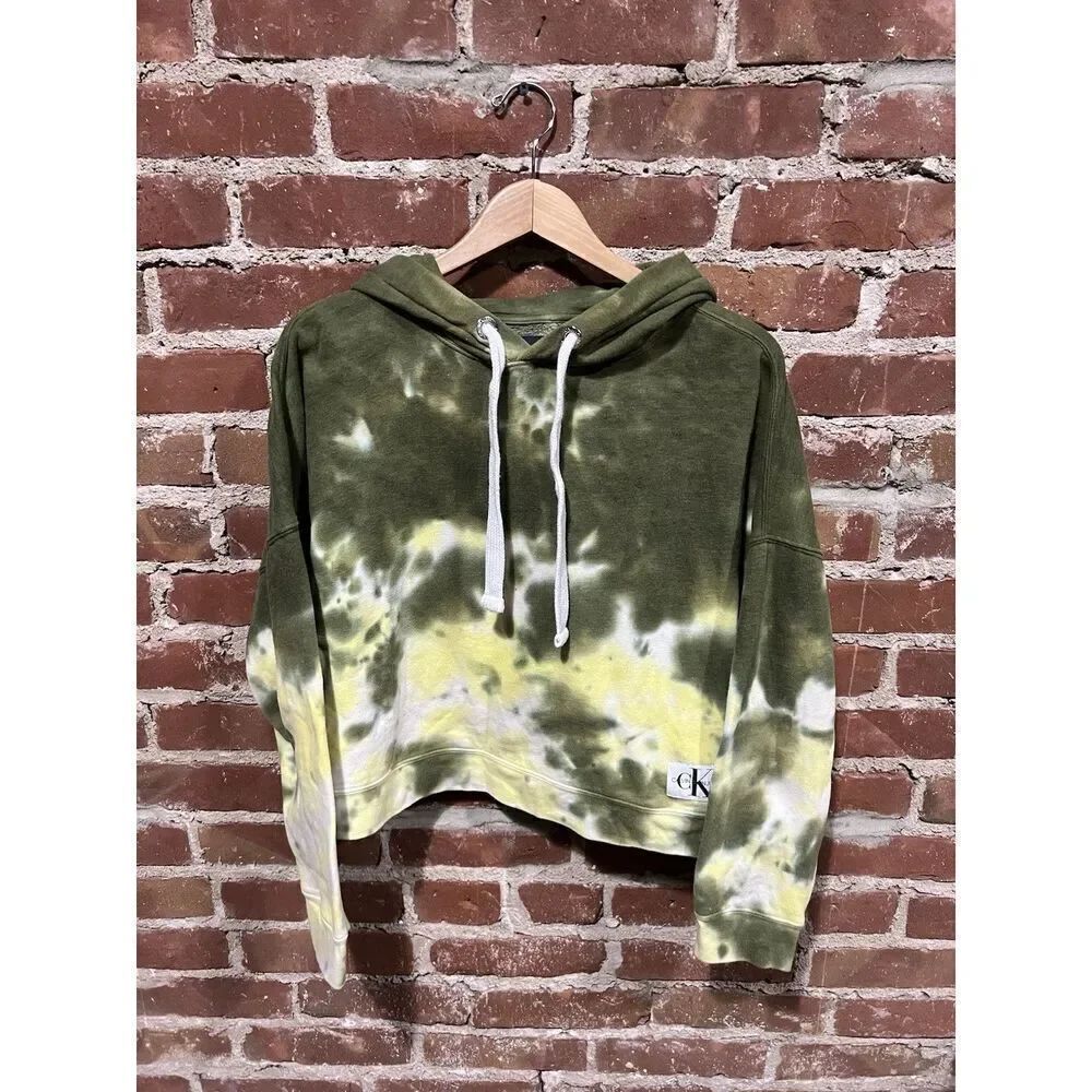 Calvin Klein Jeans Womens Green Tie Dye Cropped Hooded Sweatshirt Size Large